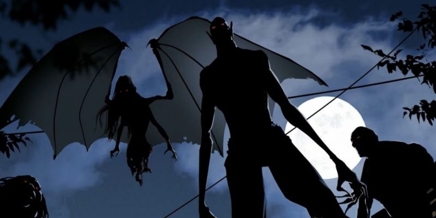 The silhouettes of three monsters against the night sky in Trese