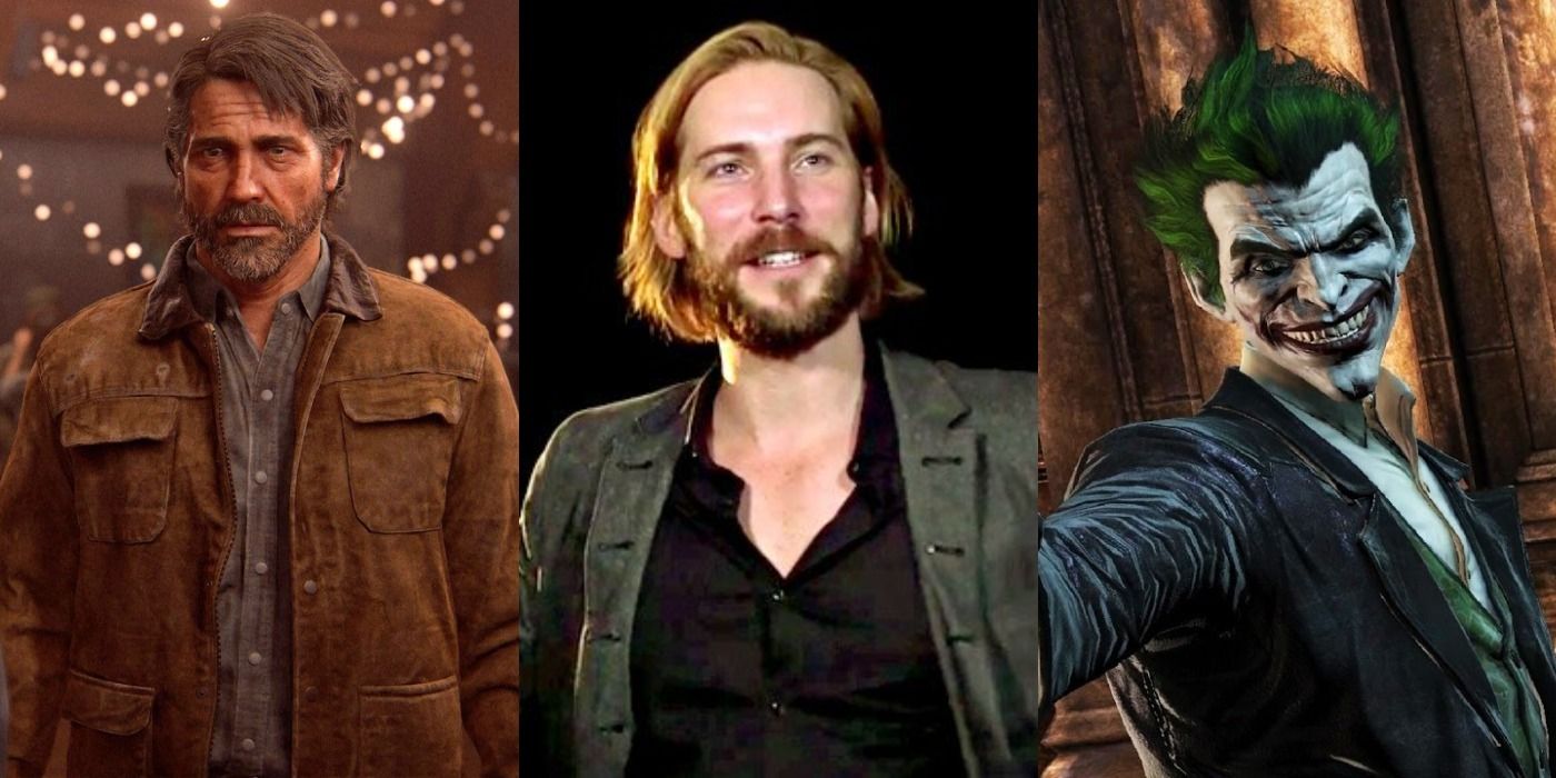 Split image showing Joel from The Last of Us, Troy Baker, and Joker from Batman: Arkham Origins