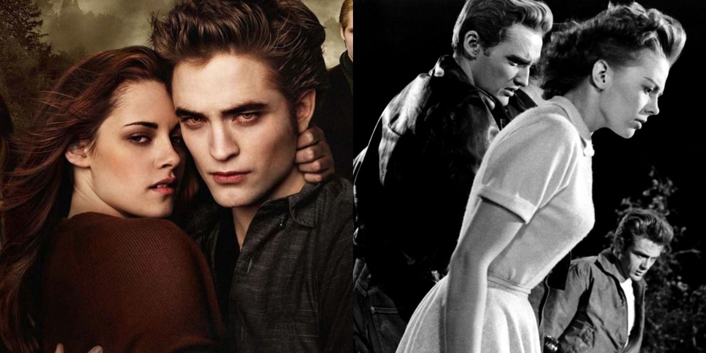 Split image of Edward and Bella hugging from Twilight and Natalie Wood, Dennis Hopper, and James Dean from Rebel Without A Cause.
