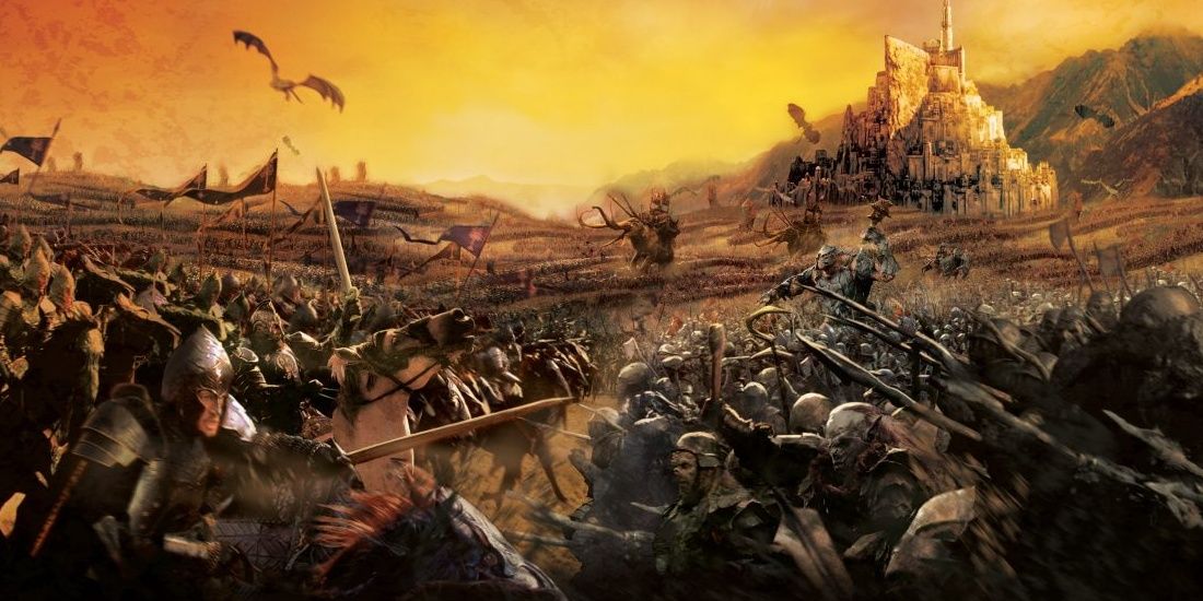 Two armies facing off against each other riding horses and wielding spears in Lord of the Rings The Battle for Middle-earth