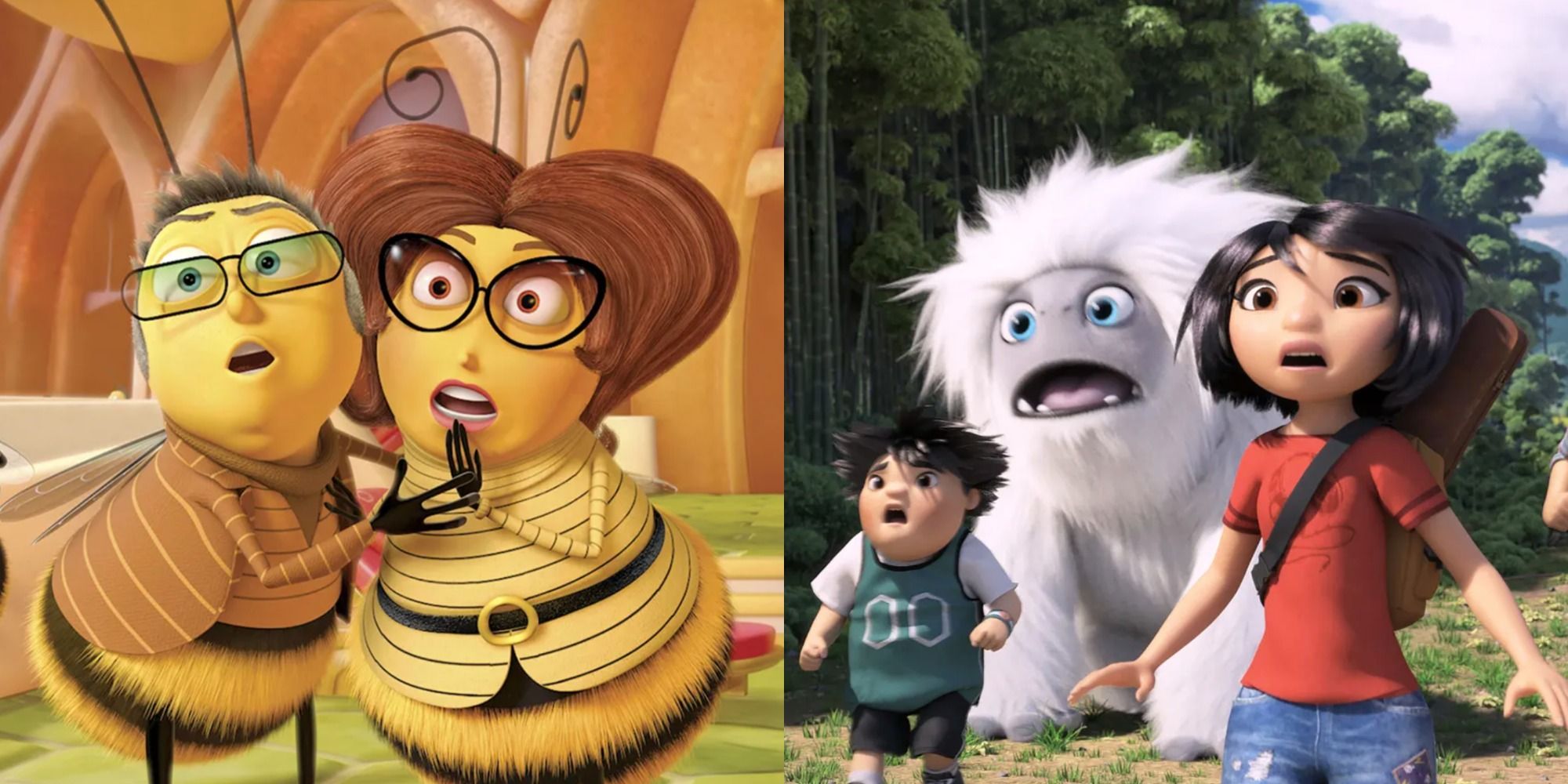 Two side by side images from Bee Movie and Abominable