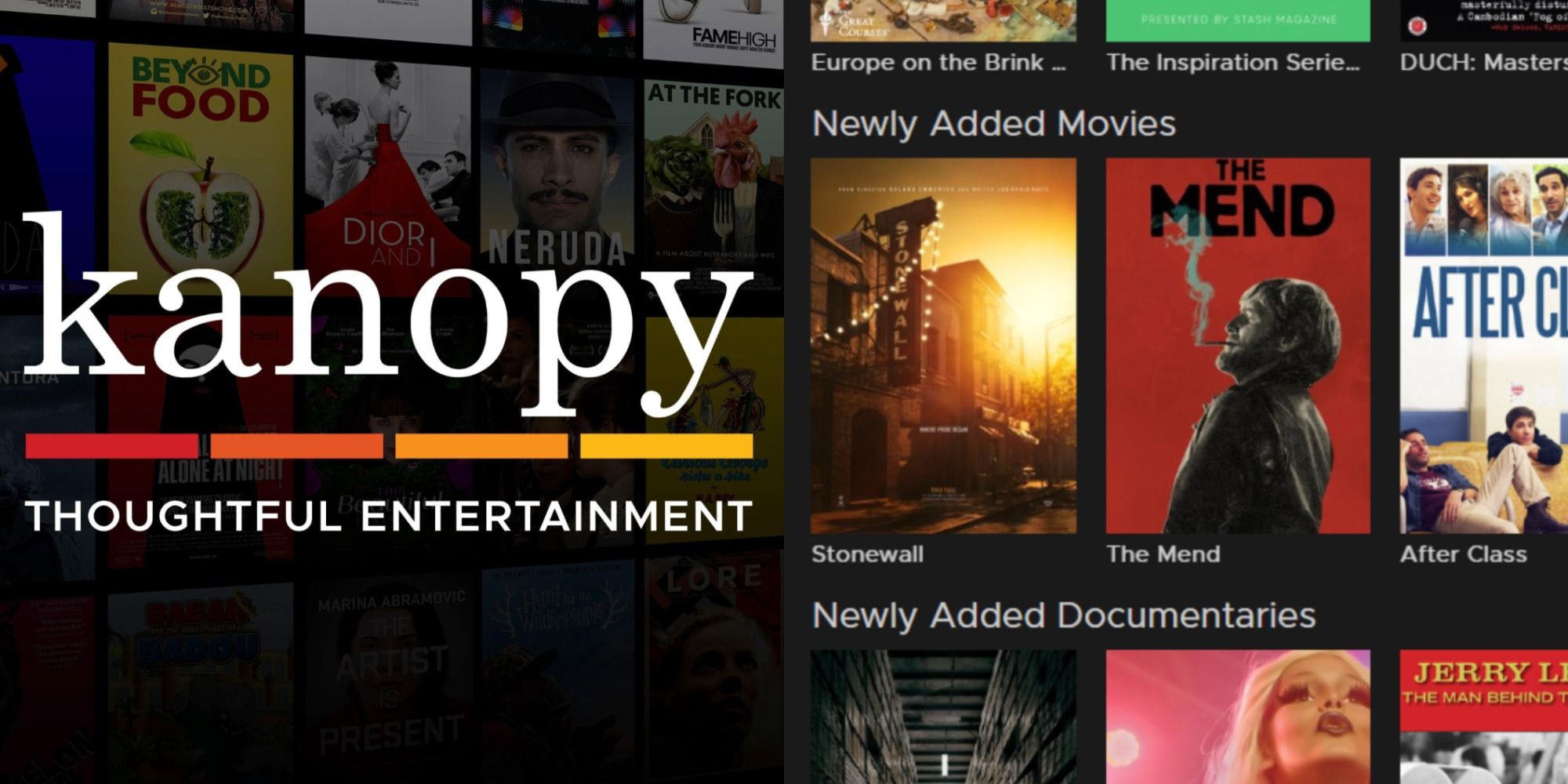 Two side by side images of Kanopy logo and their main search screen