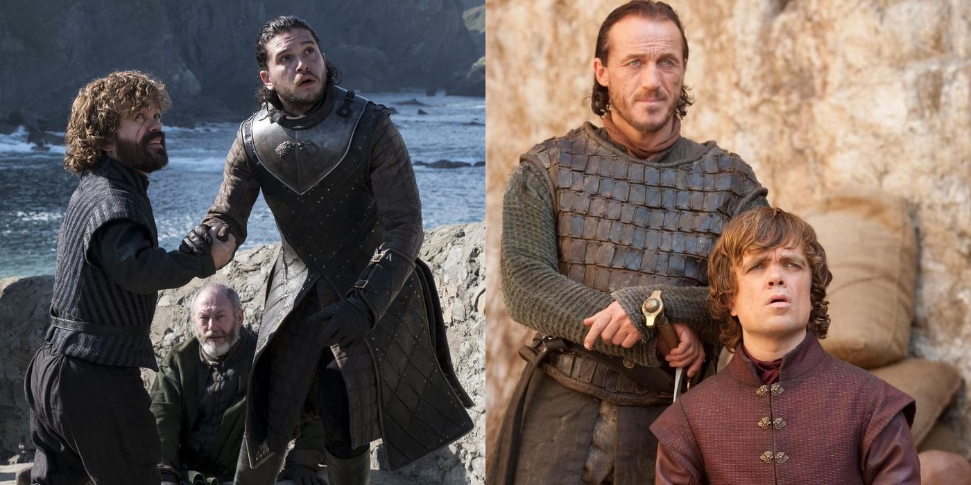 Split image of Tyrion with Jon Snow and Tyrion with Bronn on Game of Thrones