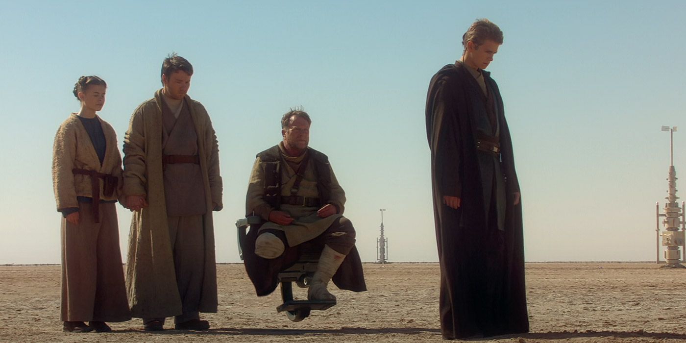 Beru, Owen, Cliegg and Anakin pay last respects to Shmi Skywalker in Star Wars: Attack of the Clones
