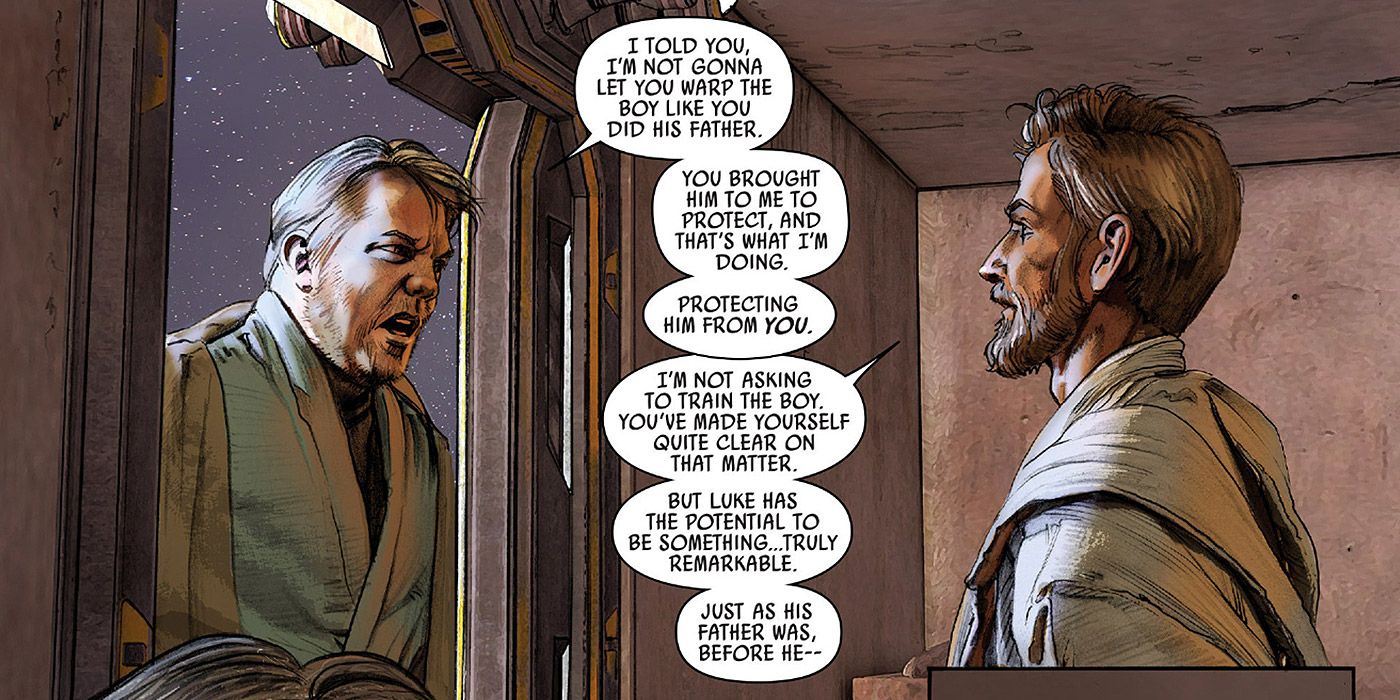 Uncle Owen berates Obi-Wan Kenobi at his home in a Star Wars comic