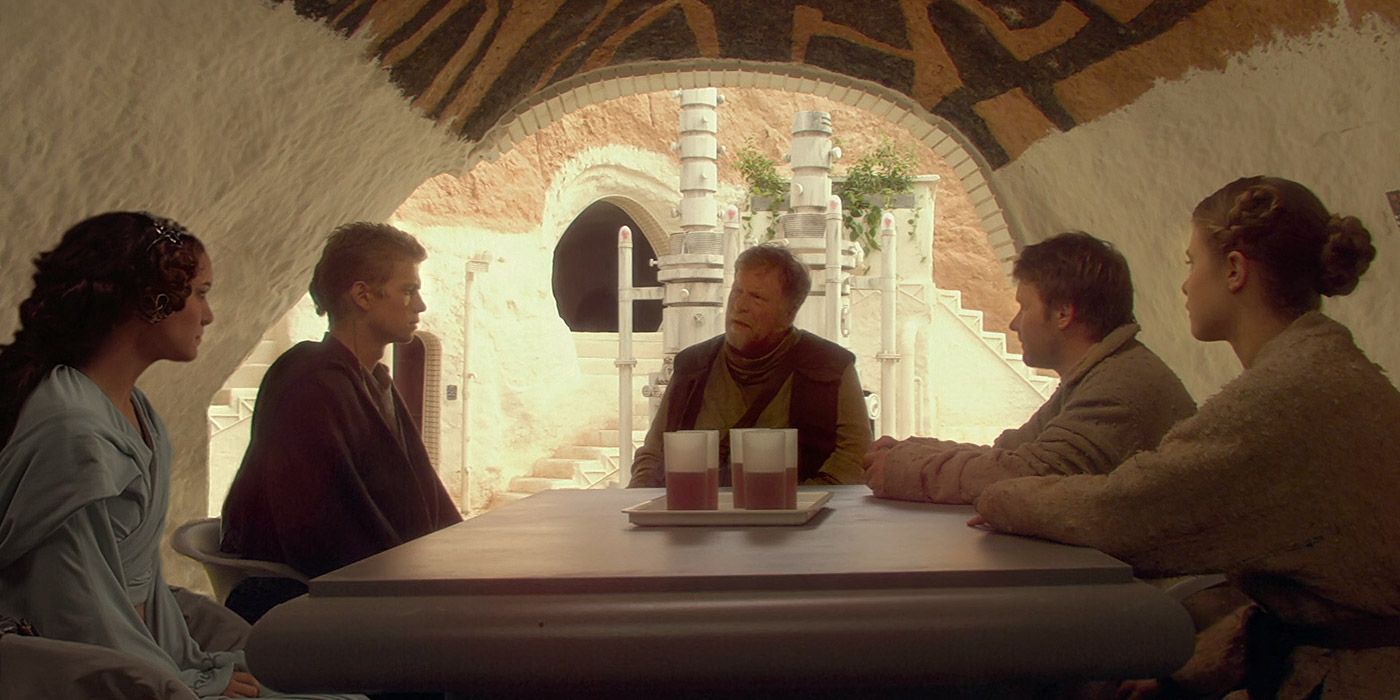 Padmé and Anakin sit down with Cliegg, Beru and Owen in Star Wars: Attack of the Clones