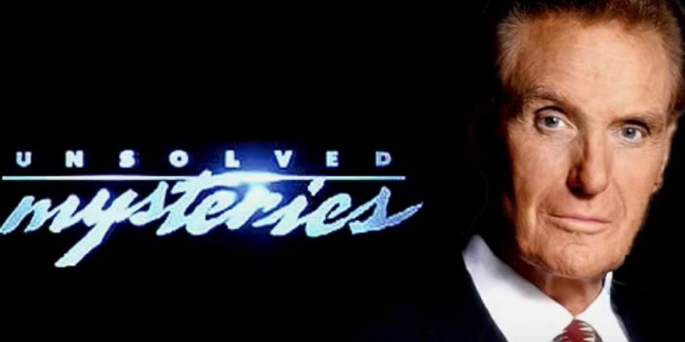 A banner for the show Unsolved Mysteries showing Robert Stack