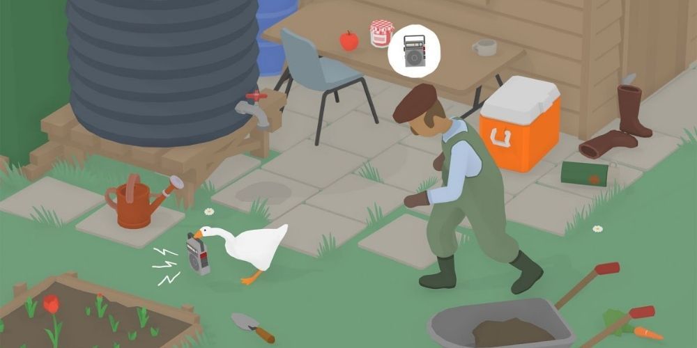 A goose running away from a person in their backyard in Untitled Goose Game.