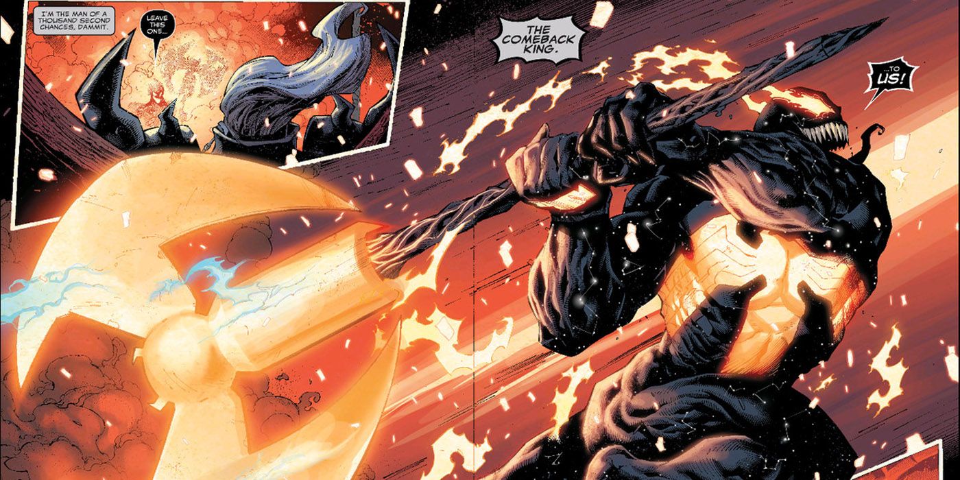 Venom attacking Knull with an axe in King in Black comics.