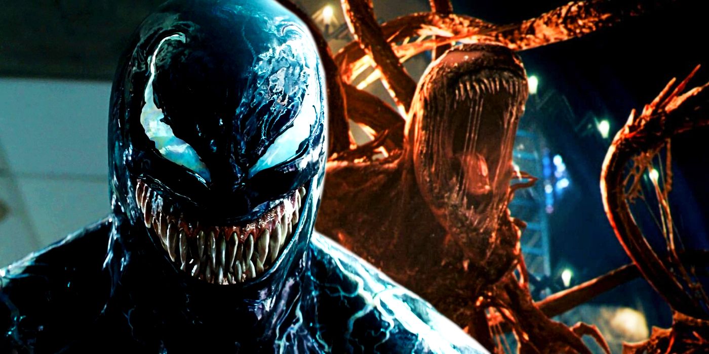 A split image of Venom smiling in the 2018 movie Venom and Carnage screaming in Venom: Let There Be Carnage.