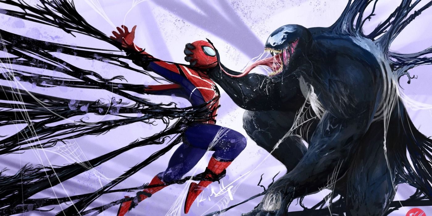 Venom battling Spider-Man in a tangled web in comic book panel.
