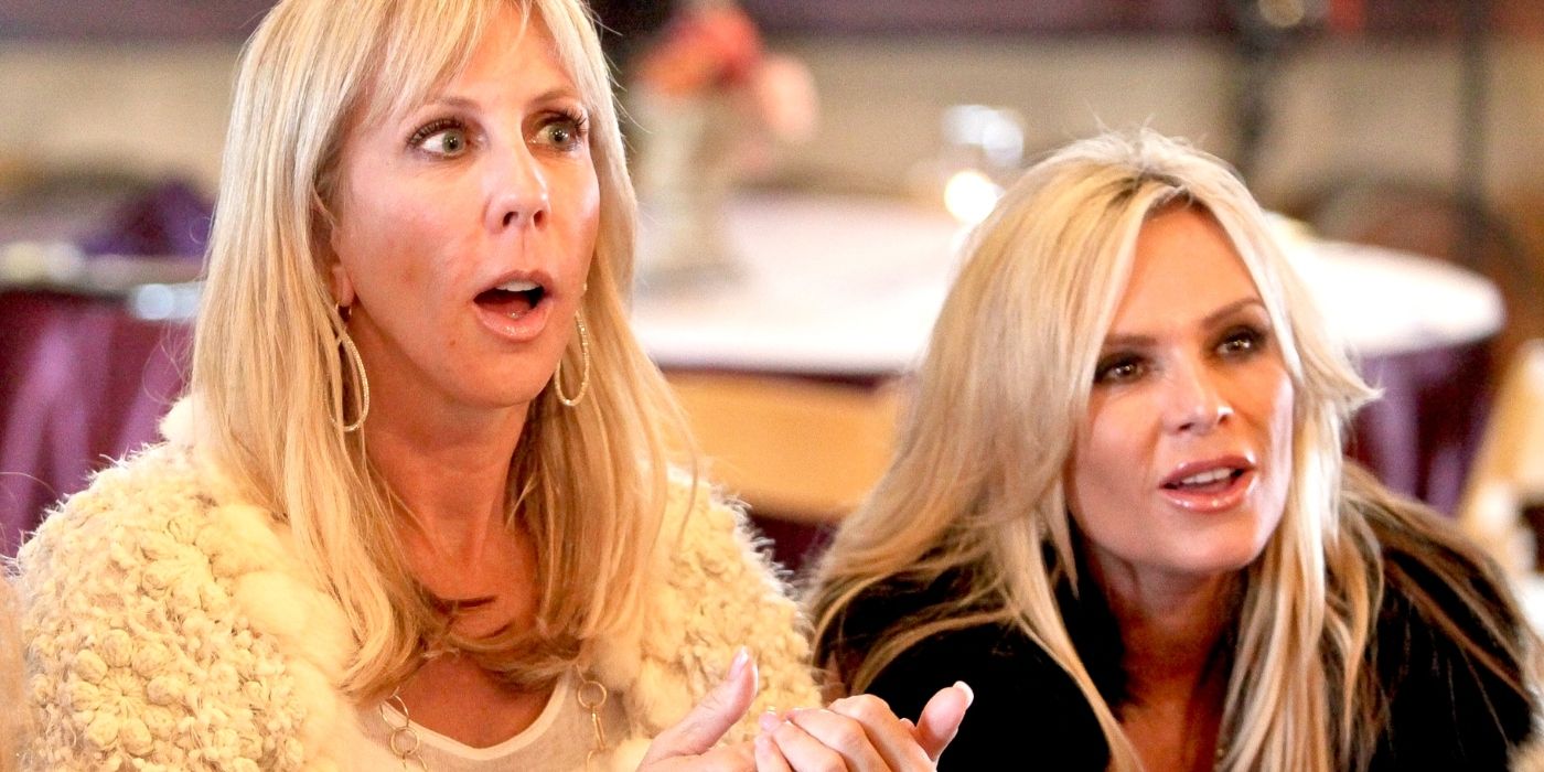 Vicki Gunvalson and Tamra Judge looking shocked on RHOC
