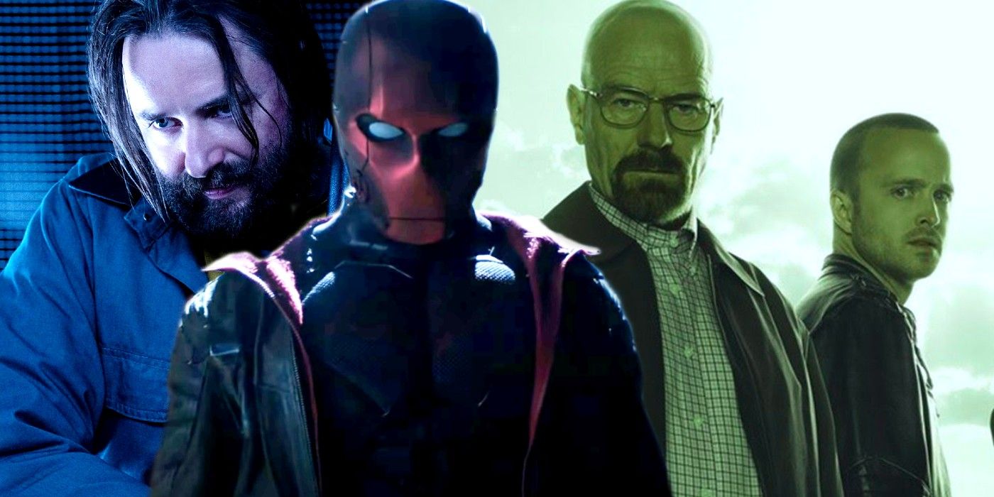 Vincent Kartheiser as Scarecrow and Red Hood in Titans, Bryan Cranston as Walt and Aaron Paul as Jesse in Breaking Bad