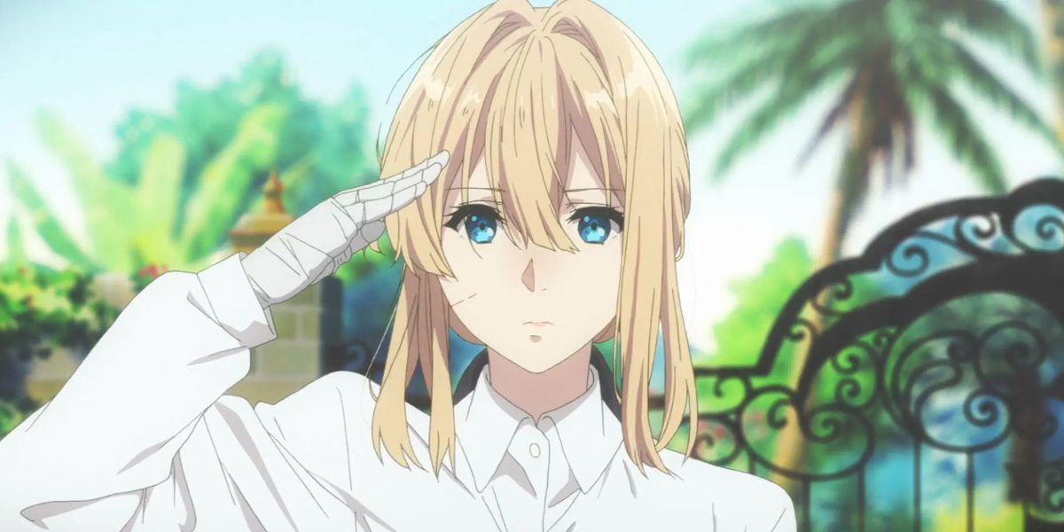 Violet gives a salute in Violet Evergarden.