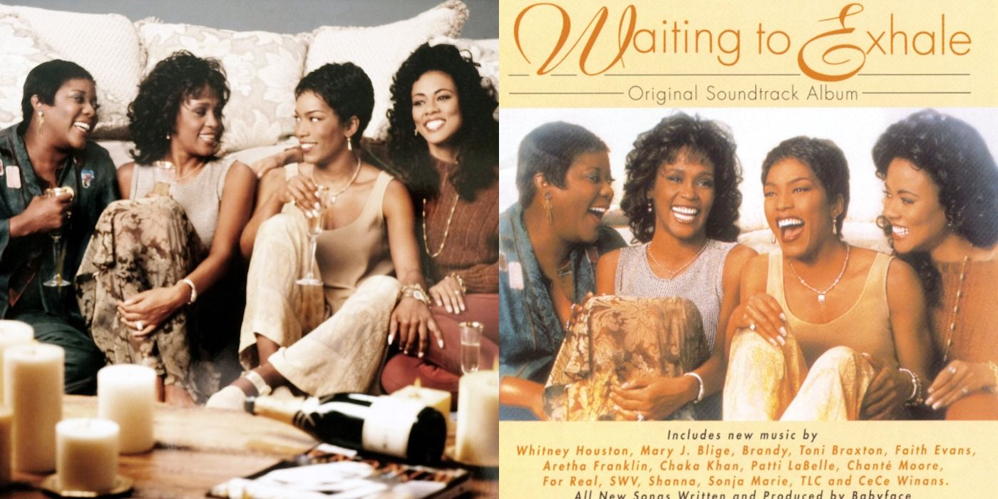 Split image showing Whitney Houston, Angela Bassett, Lela Rochon, and Loretta Devine in Waiting to Exhale, and the movie's soundtrack