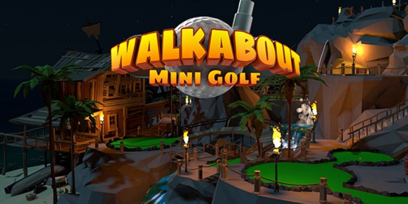 The title card for the Walkabout Mini Golf game showing a tripical golf course with tiki torches.