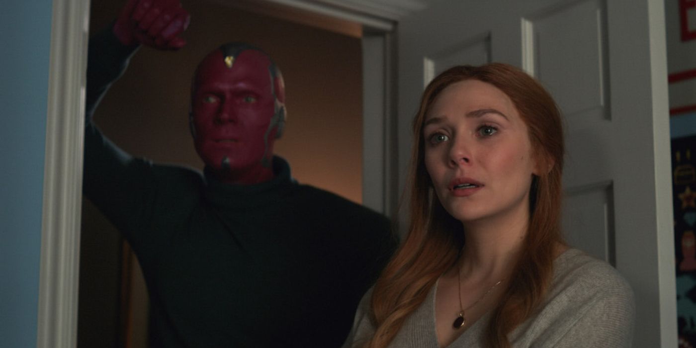 Wandavisions Still Of Vision and Wanda Saying Goodbye To Kids