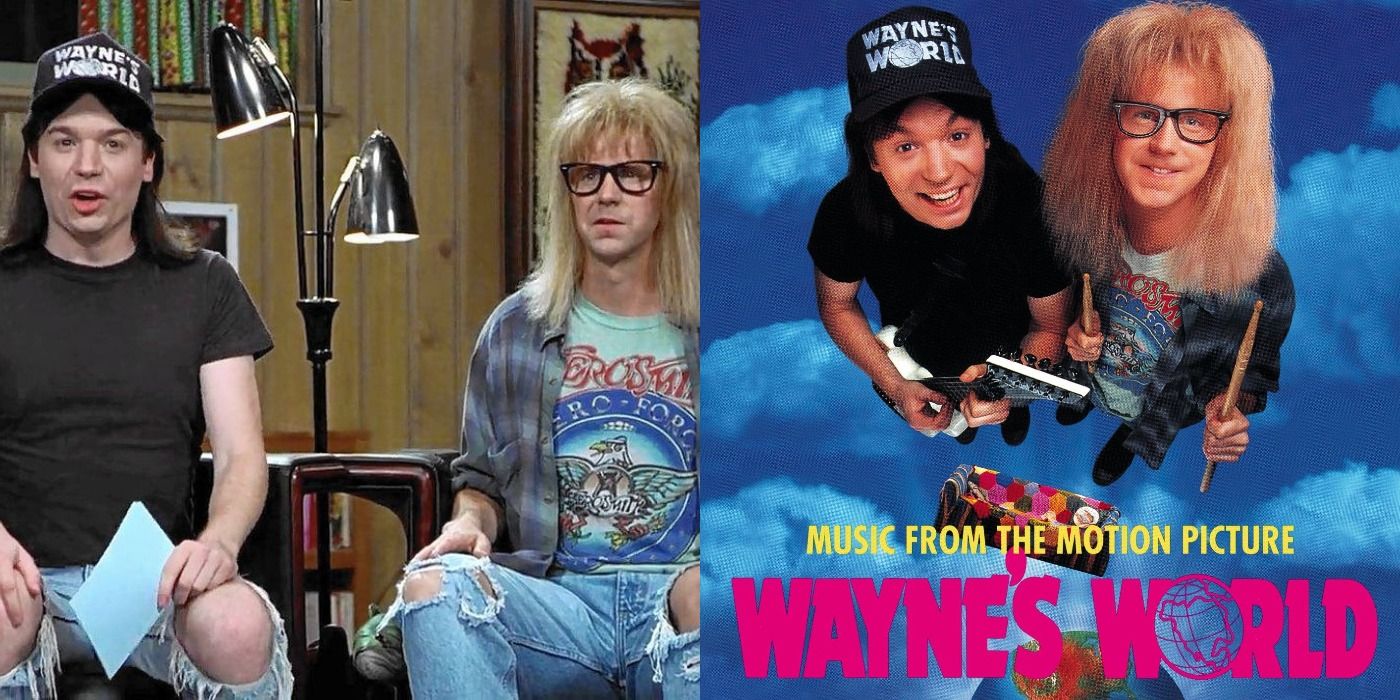 Split image showing Mike Kyers and Dana Carvey in Wayne's World, and the movie's soundtrack