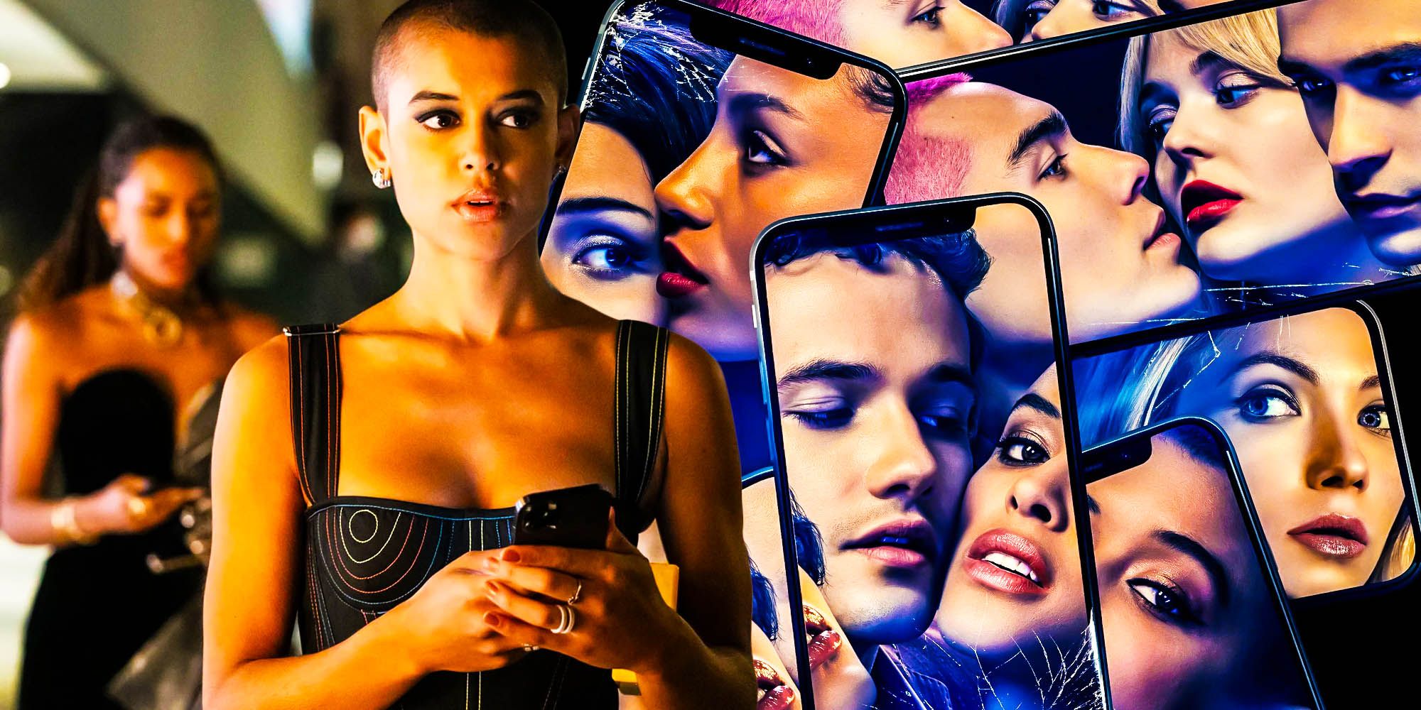 Split image of Jordan Alexander as Julien Calloway and mobile phones showing images of the Gossip Girl cast