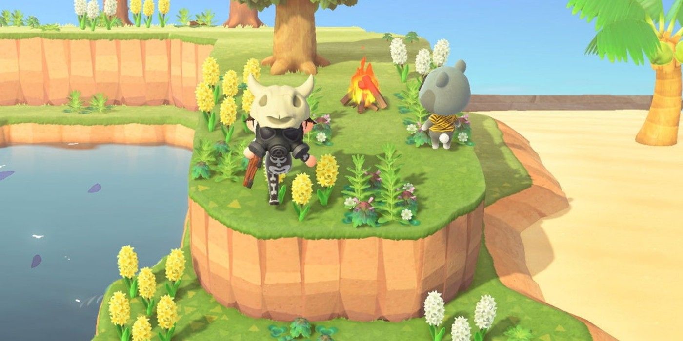 An Animal Crossing player character wearing a gas mask and a skeleton costume standing next to a villager on a Mystery Island in New Horizons.