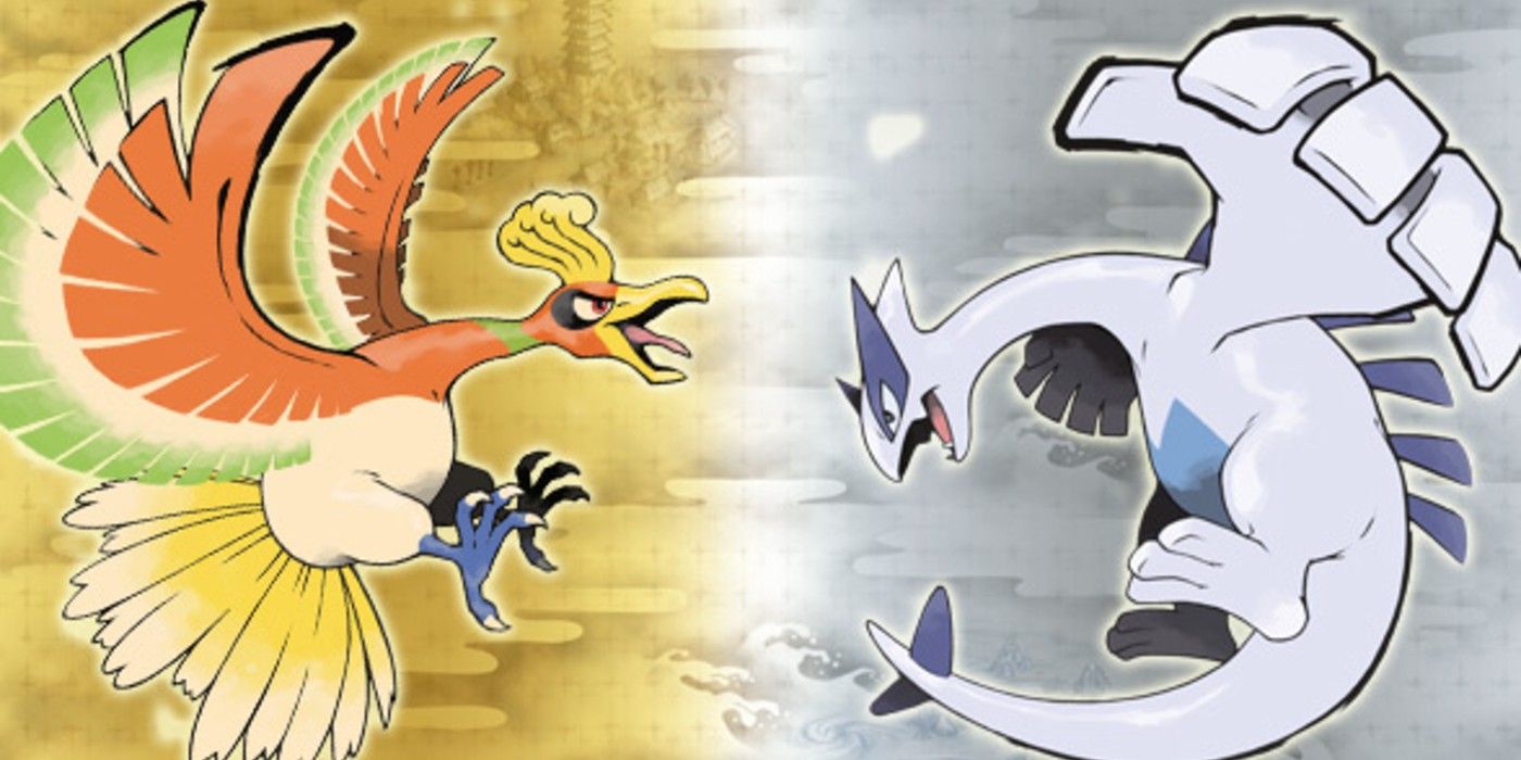 Legendary Pokémon Ho-Oh and Lugia from HeartGold and SoulSilver, an orange avian creature and a silvery-white dragon-like creature.