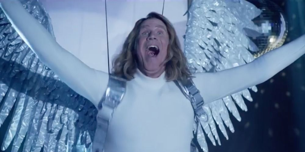 Will Ferrell in Eurovision Song Contest The Story of Fire Saga dressed entirely in white with silver angel wings