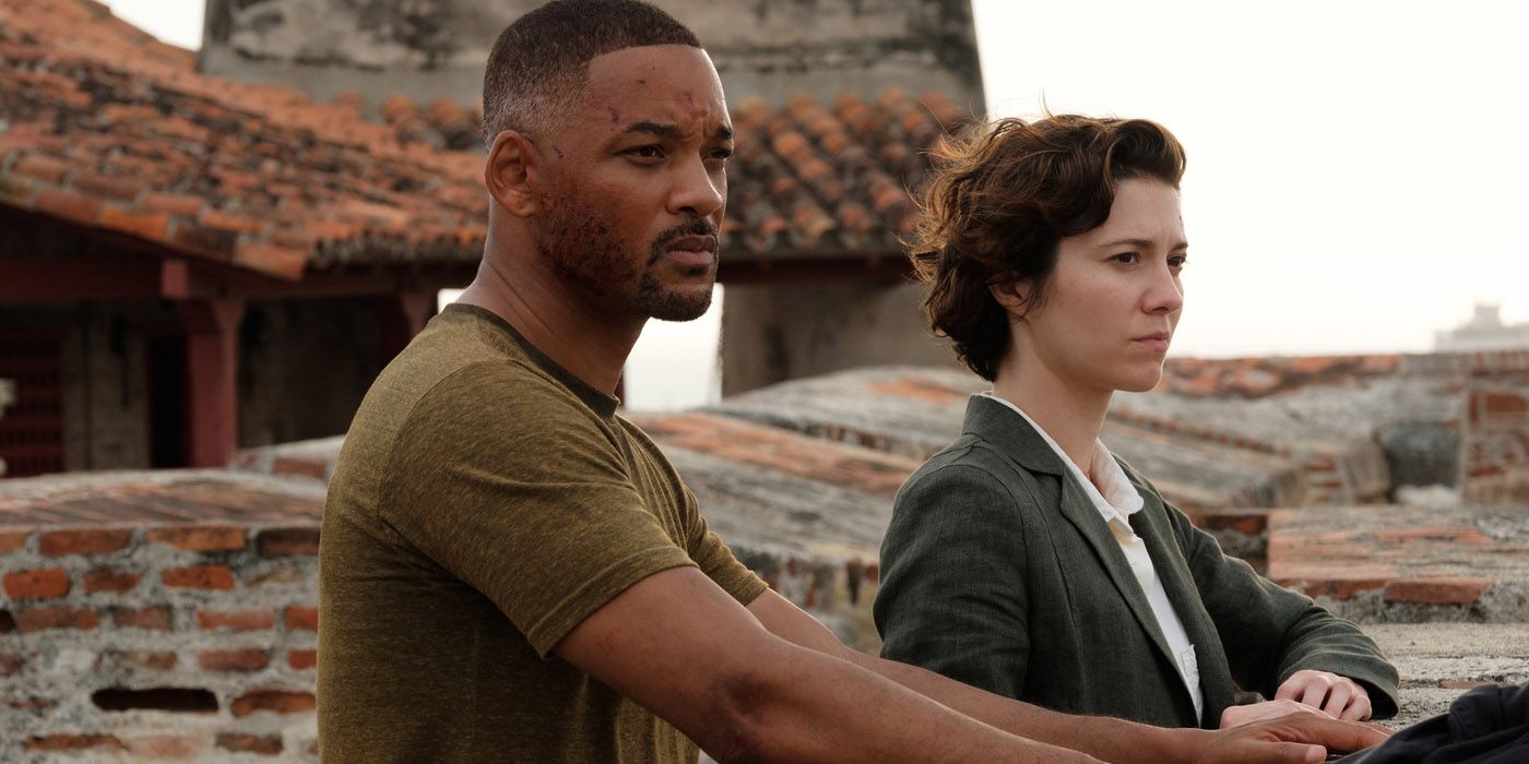 Will Smith and Mary Elizabeth Winstead talking outside in Gemini Man.