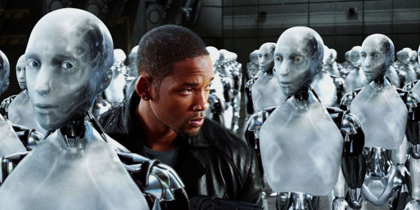 Will Smith walking through a batch of robots in I Robot.