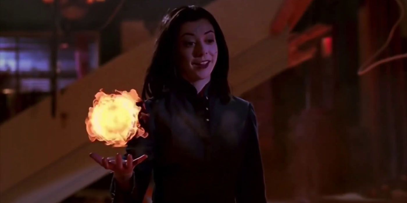 Willow usando magia negra para formar fogo em Buffy.