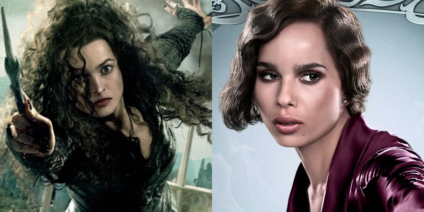 Split image showing Bellatrix with her wand and Leta Lestrange