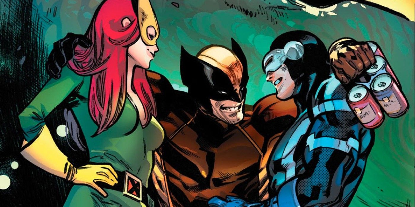 Wolverine coloca os braços em volta de Ciclope e Jean Grey segurando um pacote de seis cervejas nos quadrinhos dos X-Men.