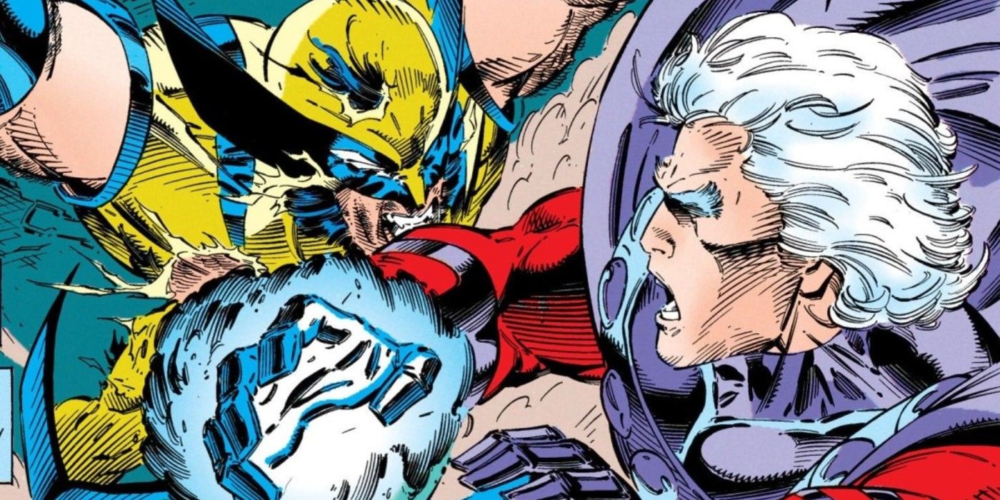 Wolverine attacks Magneto in a Marvel comic.