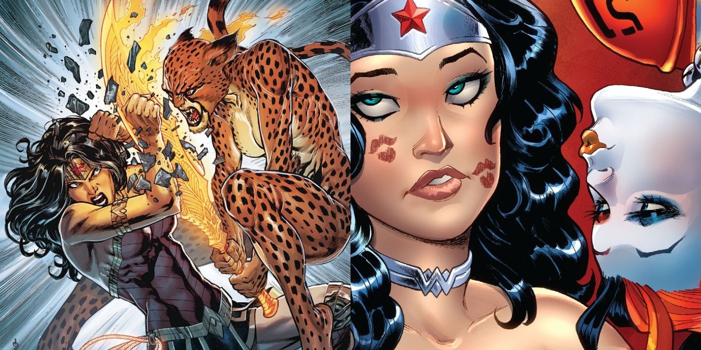 Split image of Wonder Woman fighting Cheetah and Harley Quinn kissing Wonder Woman's cheek from DC Comics
