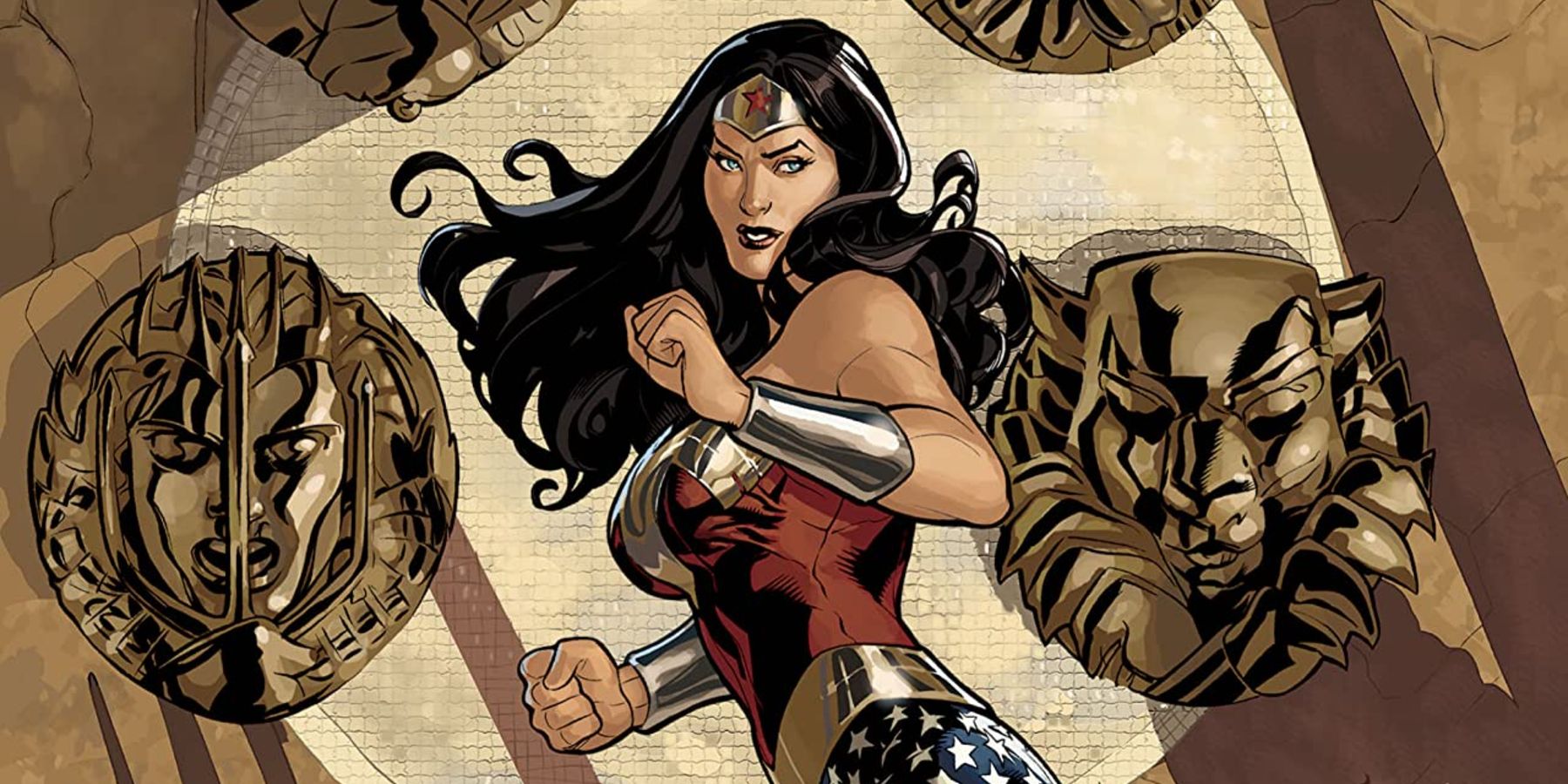 Wonder Woman in a fighting stance in from the Circle symbol in Wonder Woman: The Circle