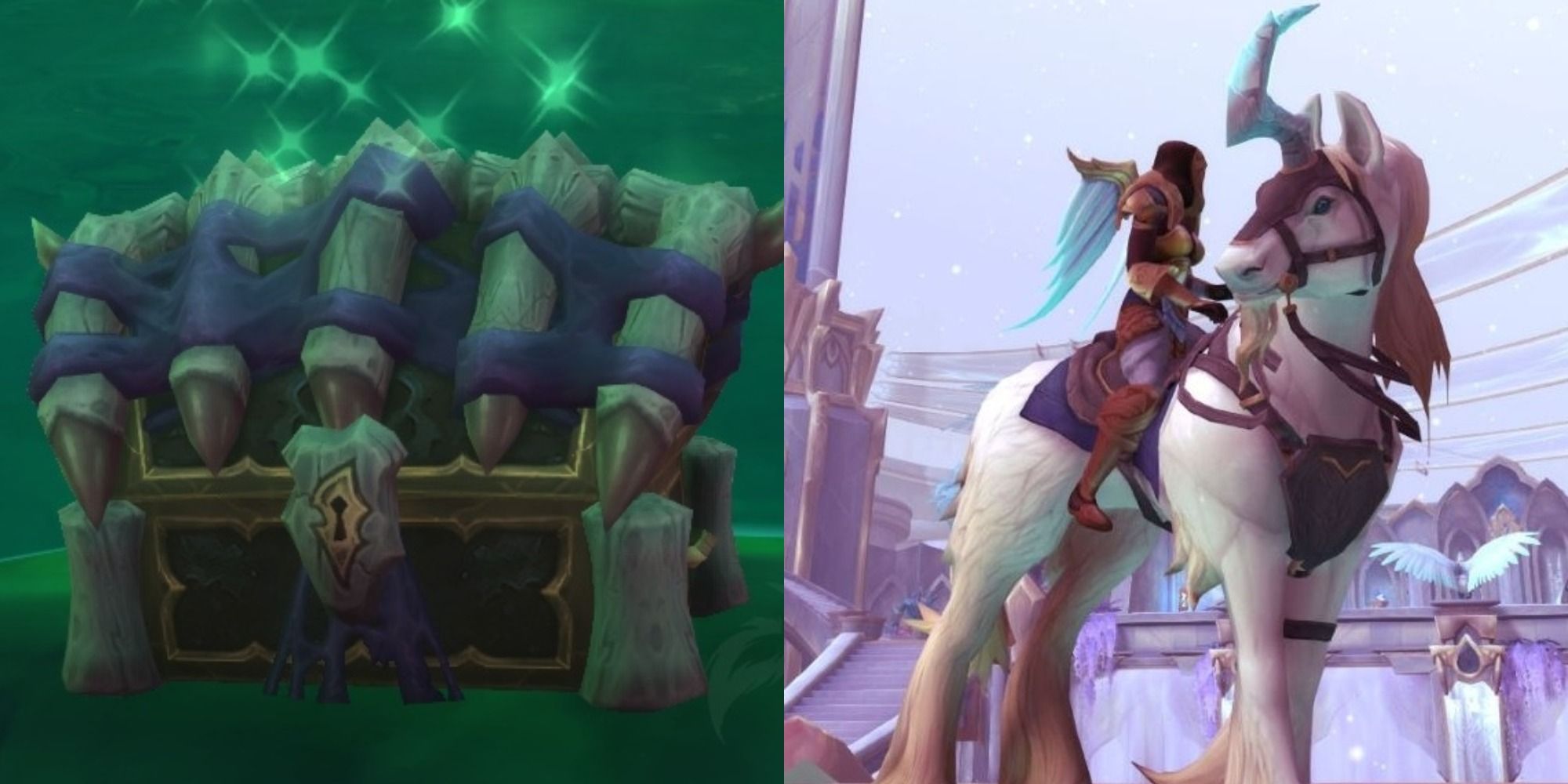 Split image showing the Chest of Eyes and the mount Sundancer in World of Warcraft Shadowlands