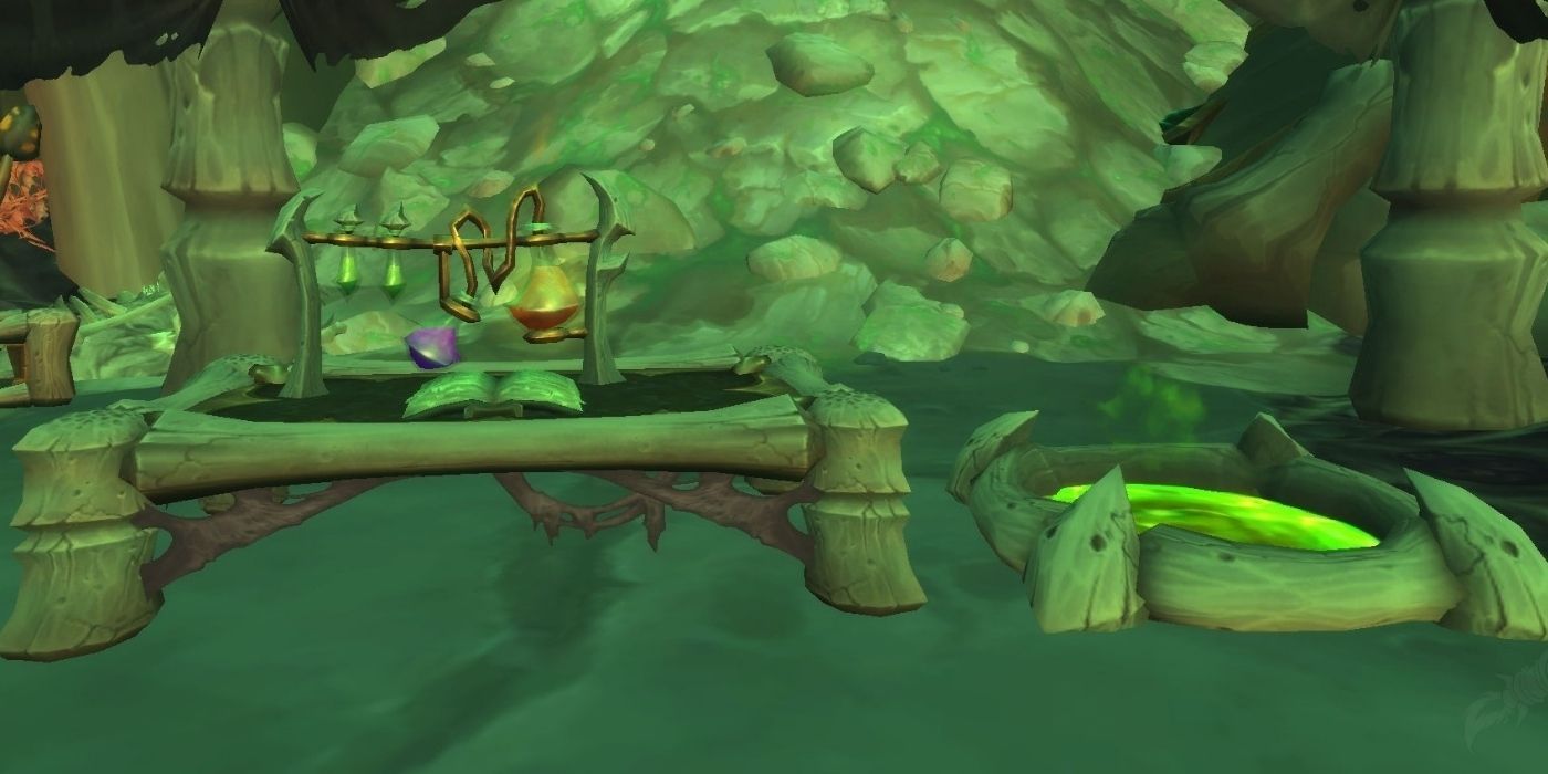 A table and cauldron in World of Warcraft Shadowlands.