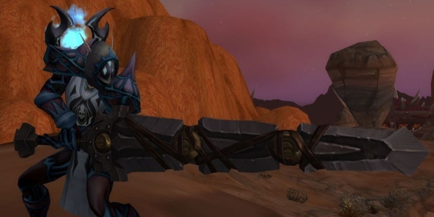 A character wielding the Sorrowbane weapon in World of Warcraft Shadowlands
