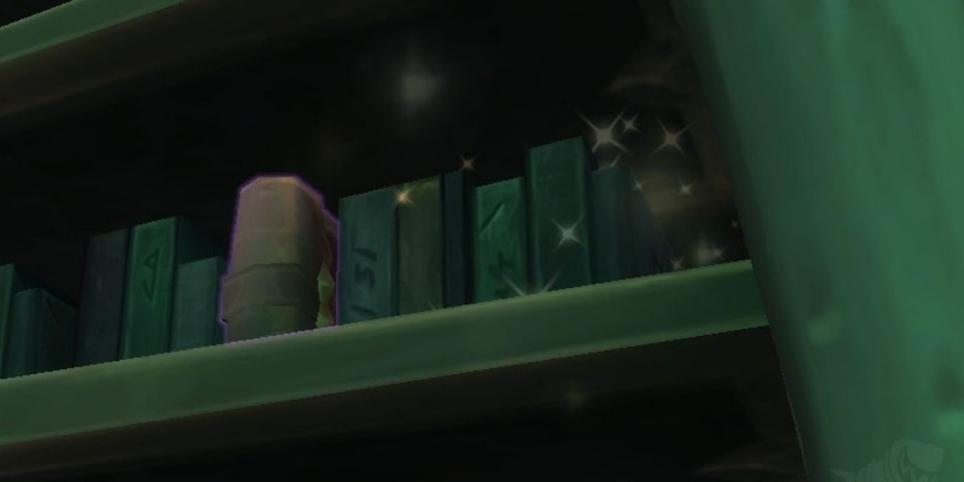 A bookshelf with several books as seen in World of Warcraft Shadowlands