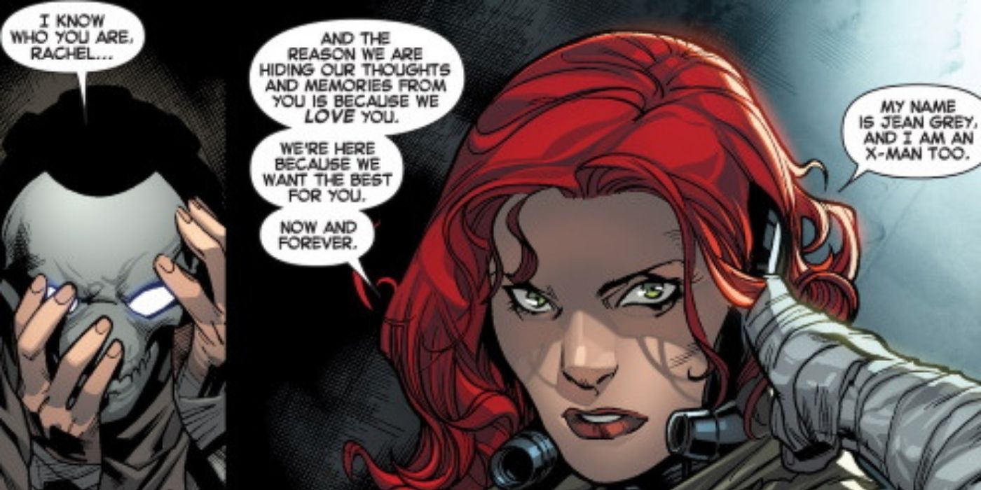 Lady Xorn removes her helmet and revelas herself as Jean Grey in the X-Men comics