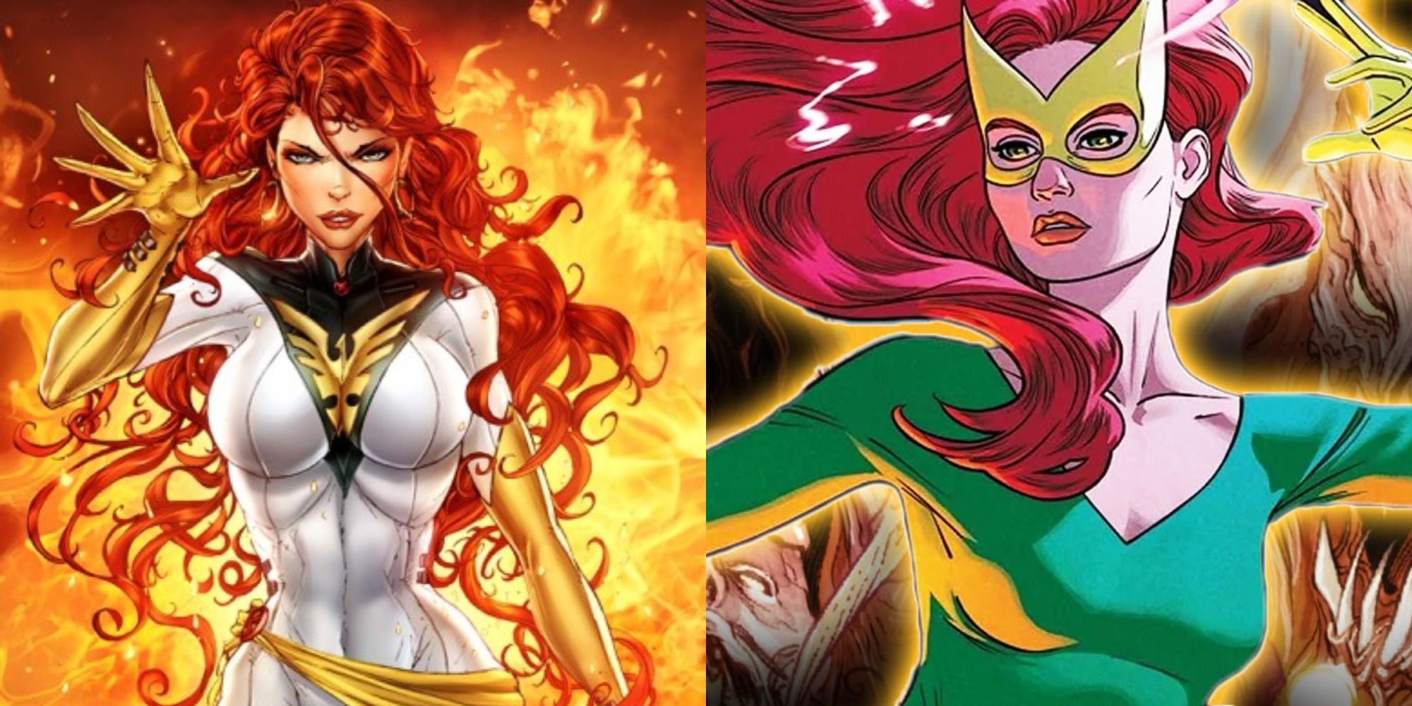 Split iAmage showing Jean Grey as the White Phoenix of the Crown and as Marvel Girl in the X-Men Comics