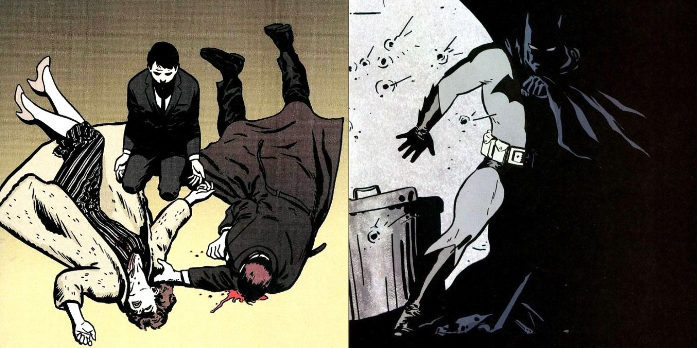 Mazzucchelli's art of Bruce over his parents and as Batman