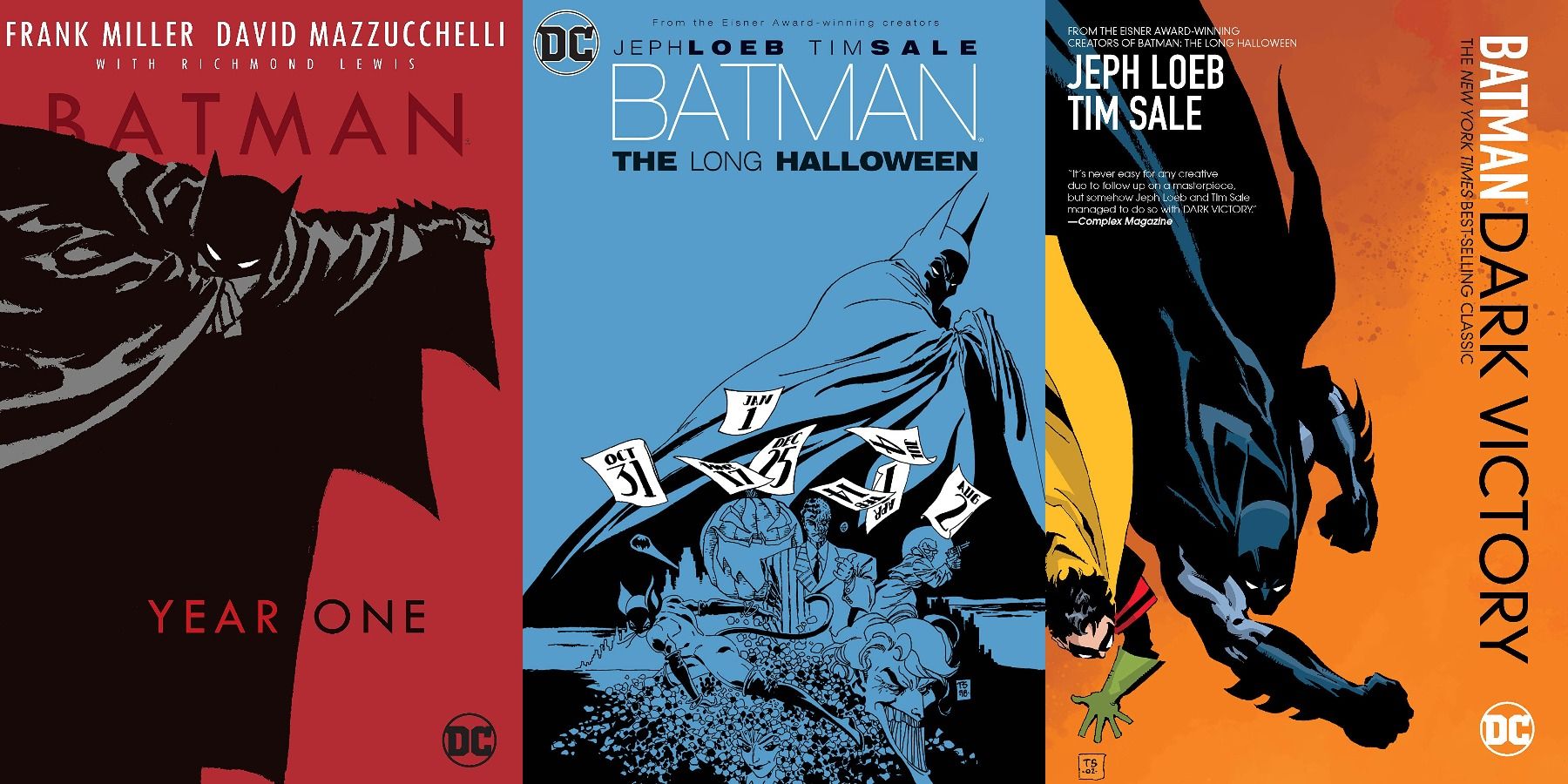 Covers for Year One, The Long Halloween, and Dark Victory