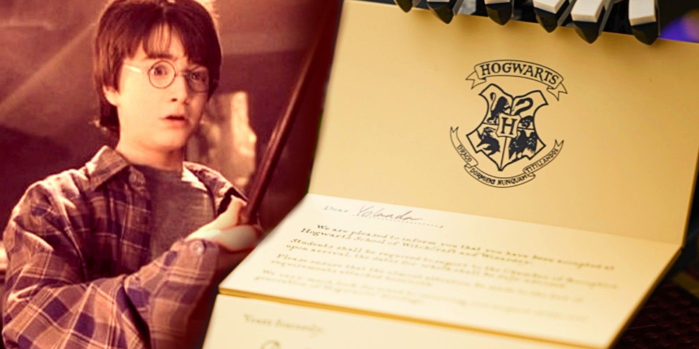 A blended image features Harry Potter using a wand for the first time overlaid with a Hogwarts letter.