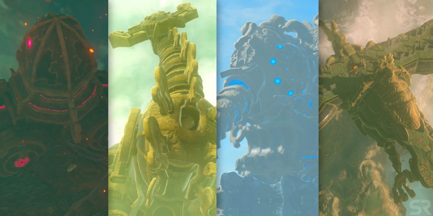 Images of Zelda BOTW Divine Beasts Vah Rudania, Vah Naboris, Vah Ruta, and Vah Medoh side-by-side.