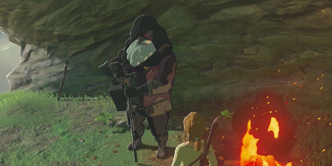 The Old Man talks to Link in a field in The Legend of Zelda: Breath of the Wild.