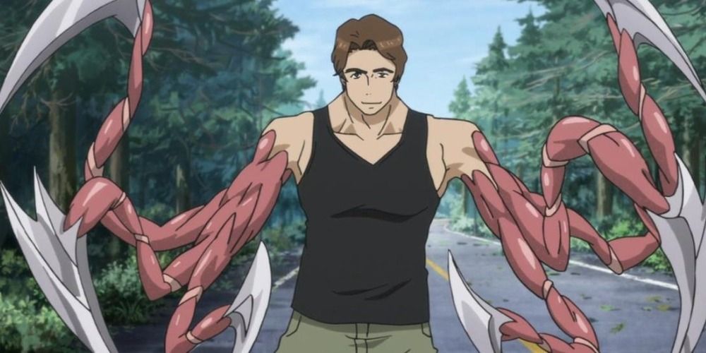 a man in Parasyte, his arms have split into six long fleshy spears with silver blades at the tips