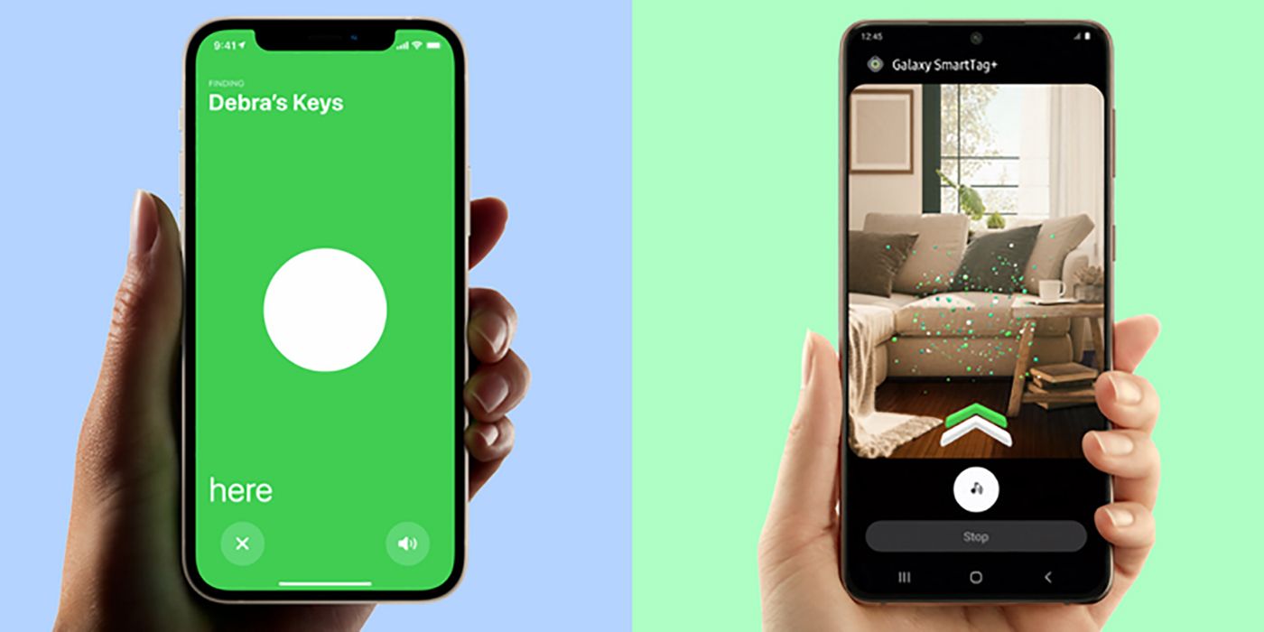 Split image of phones showing the Apple AirTag and Samsung SmartThings apps.