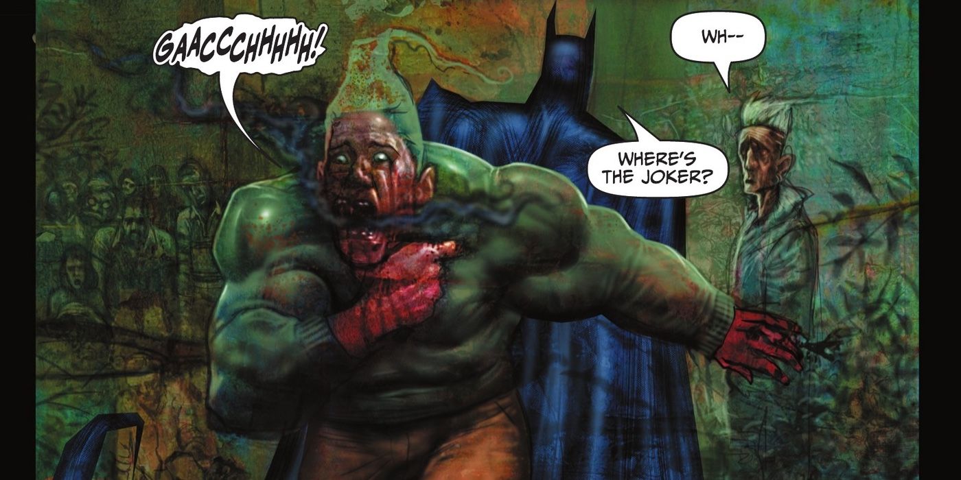 Comic book panel: Batman uses smoke pellet as a weapon.