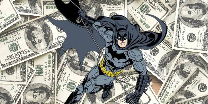 Batman swinging surrounded by american money
