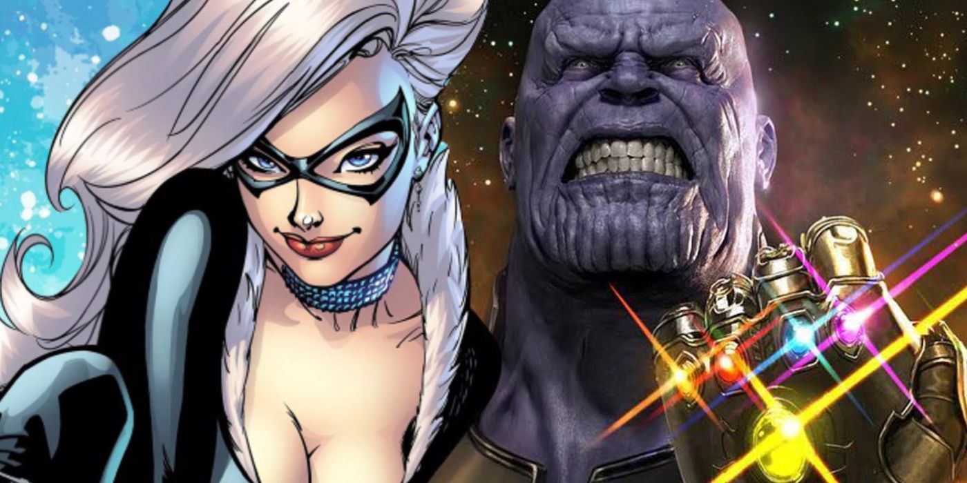 black cat with thanos and the infinity gauntlet